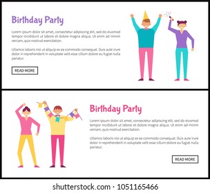 Birthday party web posters set with men and women celebrating happy holiday, man with festive flags, in caps on white birthday vector in cartoon style