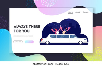 Birthday Party Website Landing Page. Happy Girls Friends Wearing Funny Hats with Champagne Glasses Riding White Limousine with Confetti Flying around Web Page Banner. Cartoon Flat Vector Illustration