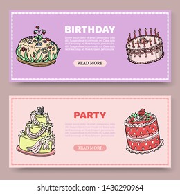 Birthday party or wedding anniversary vector set of banners with birthday cakes on lily and rose background. Pound cake invitation card or web template