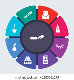 birthday party and wedding vector template for infographics. Business concept with 9 options, steps, parts, segments. Banner infographic cycling diagram, round chart, Blower, rocket icons