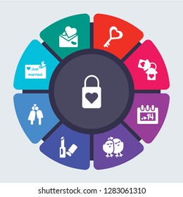 birthday party and wedding vector template for infographics. Business concept with 9 options, steps, parts, segments. Banner infographic cycling diagram, round chart, love Lock, Love letter icons