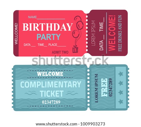 Birthday party welcome, card with date and place, free drinks and fun, complimentary ticket, collection vector illustration isolated on white