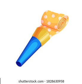 Birthday party whistle accessory. Isolated clown blower. 3d blowout isolated vector illustration. Carnival popper object. Plastic roll buzzer. 