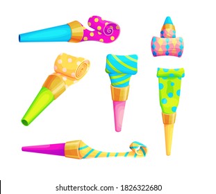 Birthday party whistle accessory set. Isolated clown blower. 3d blowout isolated vector illustration. Carnival popper object. Plastic roll buzzer. 