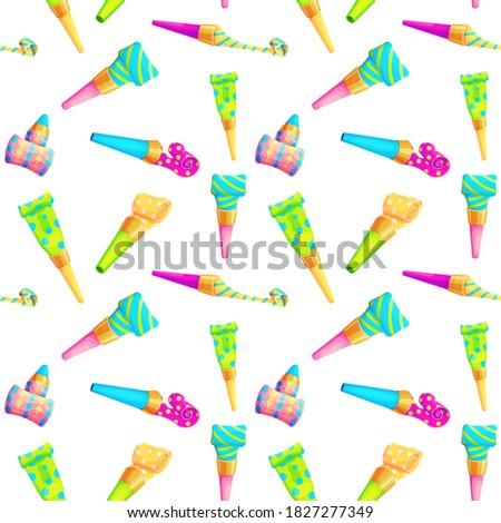 Birthday party whistle seamless pattern. Isolated clown blower. 3d blowout vector illustration. Carnival popper object. Plastic roll buzzer. 