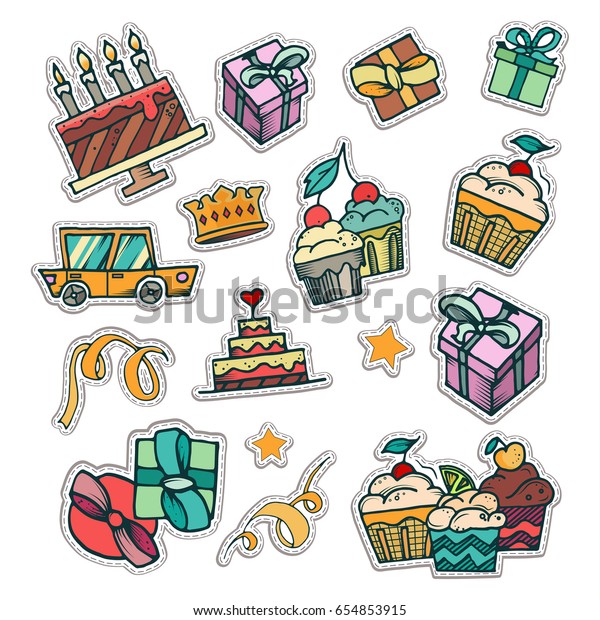 Birthday patch badges elements.\
Vector template illustration. Gift, cake and other holiday\
items.