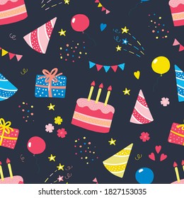birthday pattern with attributes of the holiday, party, cake with candles, confetti, gifts on a dark background