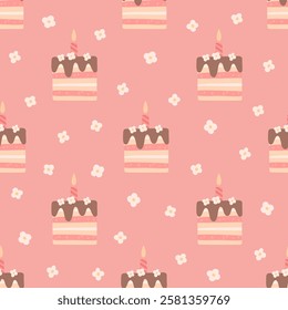 Birthday pattern. Beautiful vector seamless texture. Birthday cakes with candles and flowers on pink background. Template for wrapping paper