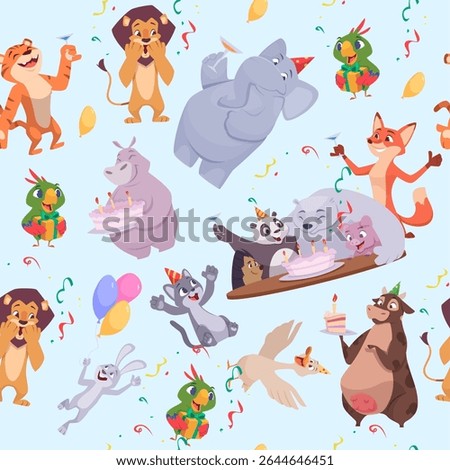 Birthday pattern. cartoon animals holding cakes and present boxes. vector seamless background