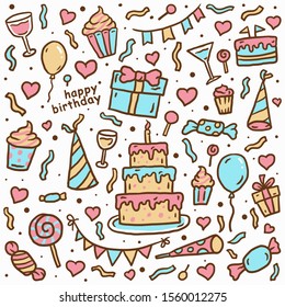Birthday pattern and color, Hand drawn line art vector illustration