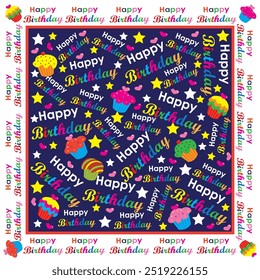 Birthday pattern with colorful lettering, cup cakes and stars for gift wrap
