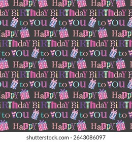 Birthday pattern with colorful lettering and gifts