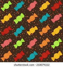 Birthday pattern with colorful sweet candies. Colorful texture with sweets. Seamless pattern for wallpaper, web page background, surface textures. Pattern fills. For decoration or printing on fabric.