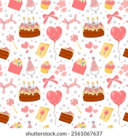 Birthday pattern. Cute girly seamless vector illustration, repetitive pink and white background with bday party objects. Fun elements, joyful celebration. Flat happy birthday print design for girls.