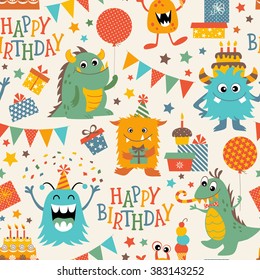 Birthday pattern with cute happy monsters.