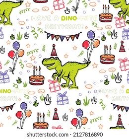Birthday pattern with dinosaur! Seamless pattern with cute t-rex and balloons. Textile design for baby boy on white background. Cartoon monster vector illustration.