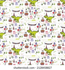 Birthday pattern with dinosaur! Seamless pattern with cute t-rex and balloons. Textile design for baby boy on white background. Cartoon monster vector illustration.