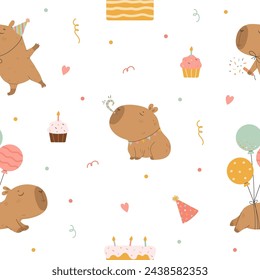 Birthday pattern with funny capybaras and cupcakes