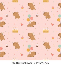 Birthday pattern with funny capybaras and cupcakes