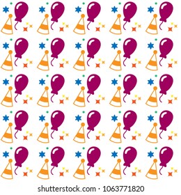 Birthday pattern with gift balloons and hut