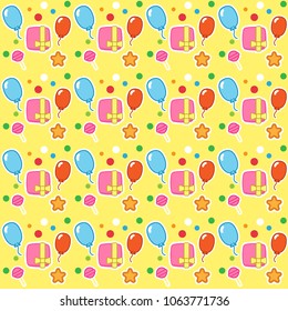 Birthday pattern with gift boxes, balloon and candy