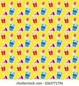 Birthday pattern with gift, hut and balloon