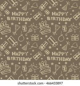 Birthday pattern with gifts, cake, triangle hats, cracker, balloon and stars)
