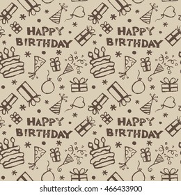 Birthday pattern with gifts, cake, triangle hats, cracker, balloon and stars)