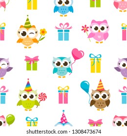 Birthday pattern with gifts and owls