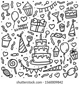 Birthday pattern, Hand drawn line art vector illustration