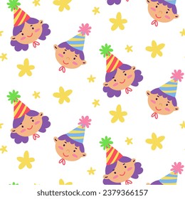 Birthday pattern portrait of a girl and a boy with stars on a white background. Children's texture for the holiday, cute cartoon vector flat illustration. Delicate shades festive theme.