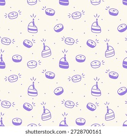 Birthday pattern with purple donuts and cake slices with candles, dessert silhouettes on soft cream background.