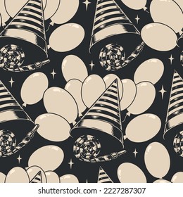 Birthday pattern seamless monochrome vintage an anniversary hat and whistle tongue and balloons for anniversary party vector illustration