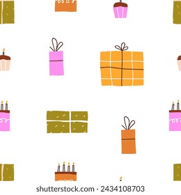 Birthday pattern. Seamless party background, gift boxes and candles in cakes. Endless holiday texture, repeating print, presents and cupcakes. Flat vector illustration for wrapping, textile design