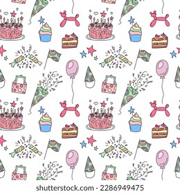 Birthday pattern. Seamless vector background with colorful bday party  doodles. Funny holiday elements. Hand drawn kid birthday design. Repeat white illustration.