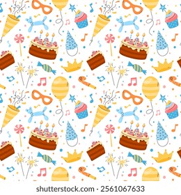 Birthday pattern. Seamless vector illustration, repetitive background with colorful bday party objects. Fun elements, joyful celebration. Flat kids, childish happy birthday design.