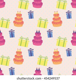 Birthday pattern, Seamless vector illustration with cakes and gift boxes