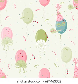 Birthday pattern. Vector pattern with balloons, confetti and bow.