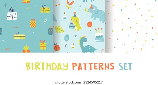 Patrones de cumpleaños con un bonito dino y decoración festiva. Fiesta de dinosaurios con una colección de impresión vectorial transparente. 
