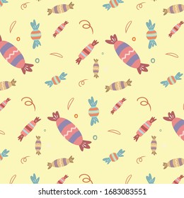 Birthday pattern.Vector ornament with sweets. Birthday design. Drawing in cartoon style.