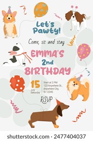 Birthday Pawty Invitation template with cute dogs. Hand-drawn Cavalier king charles spaniel, Corgi, Pomeranian Spitz, French Bulldog and Dachshund with balloons. Vector illustration for party, event