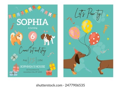 Birthday pawty invitation template with dogs. Hand-drawn Cavalier king charles spaniel, Pomeranian Spitz and Dachshund with balloons and gifts. Happy bday concept. Vector illustration for party, event