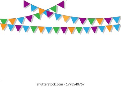 Pendientes de cumpleaños. Garland de banderas. Banderas triangulares colgando. Decoraciones de carnaval. Imagen vectorial.