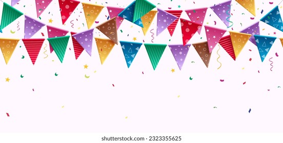 Birthday pennants vector design. Colorful pennant, streamer and banner hanging in empty space background. Vector illustration banderole for occasion and event elements.