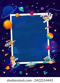 Fotograma fotográfico de cumpleaños con planetas espaciales de galaxia, cohetes y estrellas, ufo y astronautas. Borde rectangular vectorial, presenta objetos celestes extravagantes, creando un telón de fondo cósmico para recuerdos apreciados