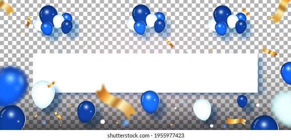 Birthday photo frame with gold, black and white balloons and gold ribbons. Transparent background.