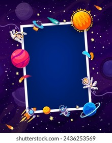 Birthday photo frame with kid astronauts in galaxy space and alien UFO, cartoon vector background. Photo frame border with kid spaceman, rocket spaceship on Saturn planet and asteroids in starry sky