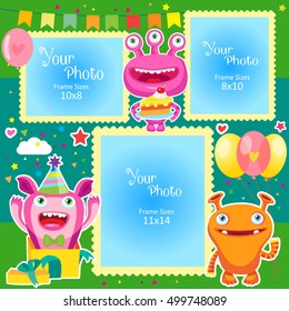 Birthday Photo Frames With Cute Monsters. Decorative Template For Baby, Family Or Memories. Scrapbook Vector Illustration. Birthday Children'S Photo Framework For A Standard Photo Size.