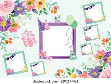 Birthday Photo frames. Decorative photo frame templates for baby, events or memories. Scrapbook photo frame concept, vector illustration. Colorful photo frames.