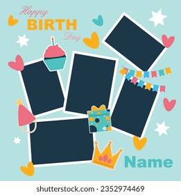 Birthday Photo frames. Decorative photo frame templates for baby, events or memories. Scrapbook photo frame concept, vector illustration. Colorful photo frames.
